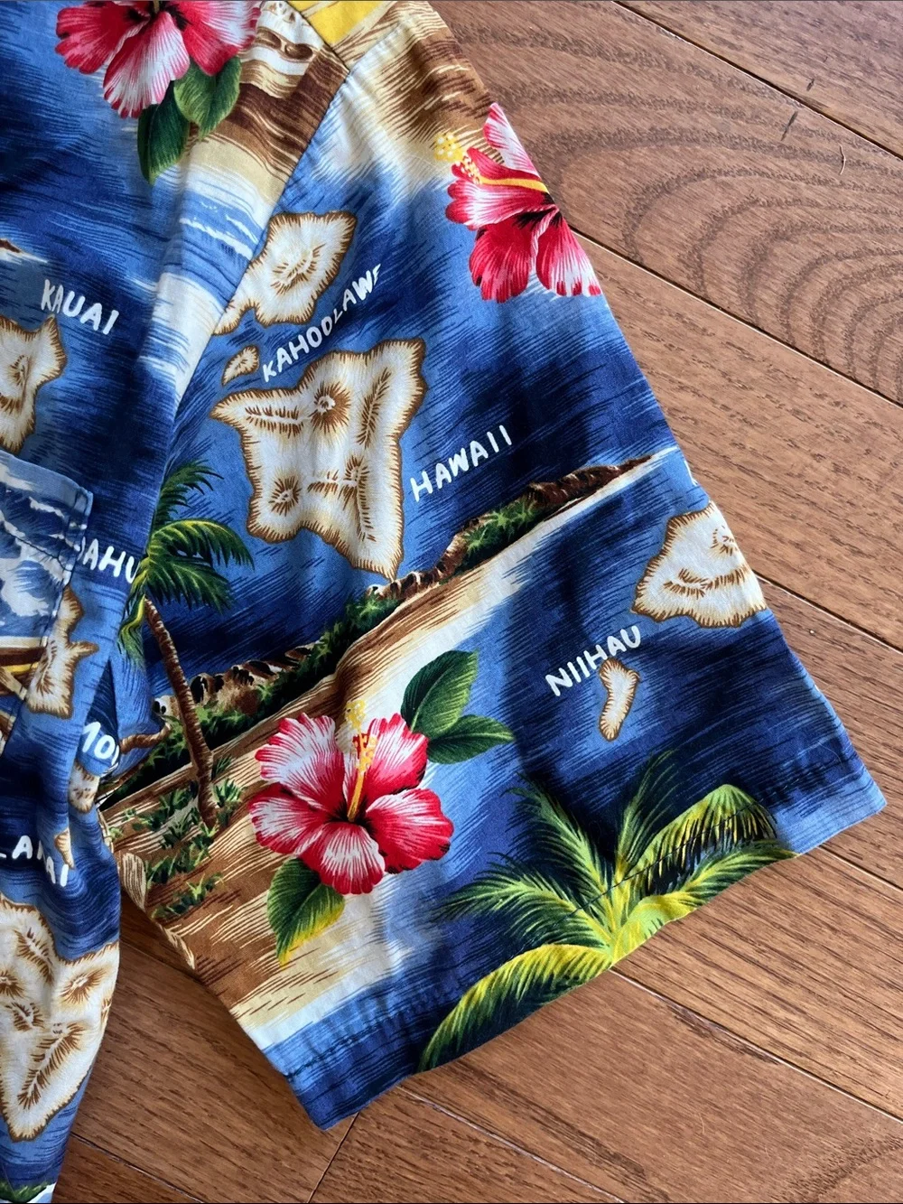 Vintage Boys Blue Tropical Hawaiian Button-Down Shirt with Floral Print